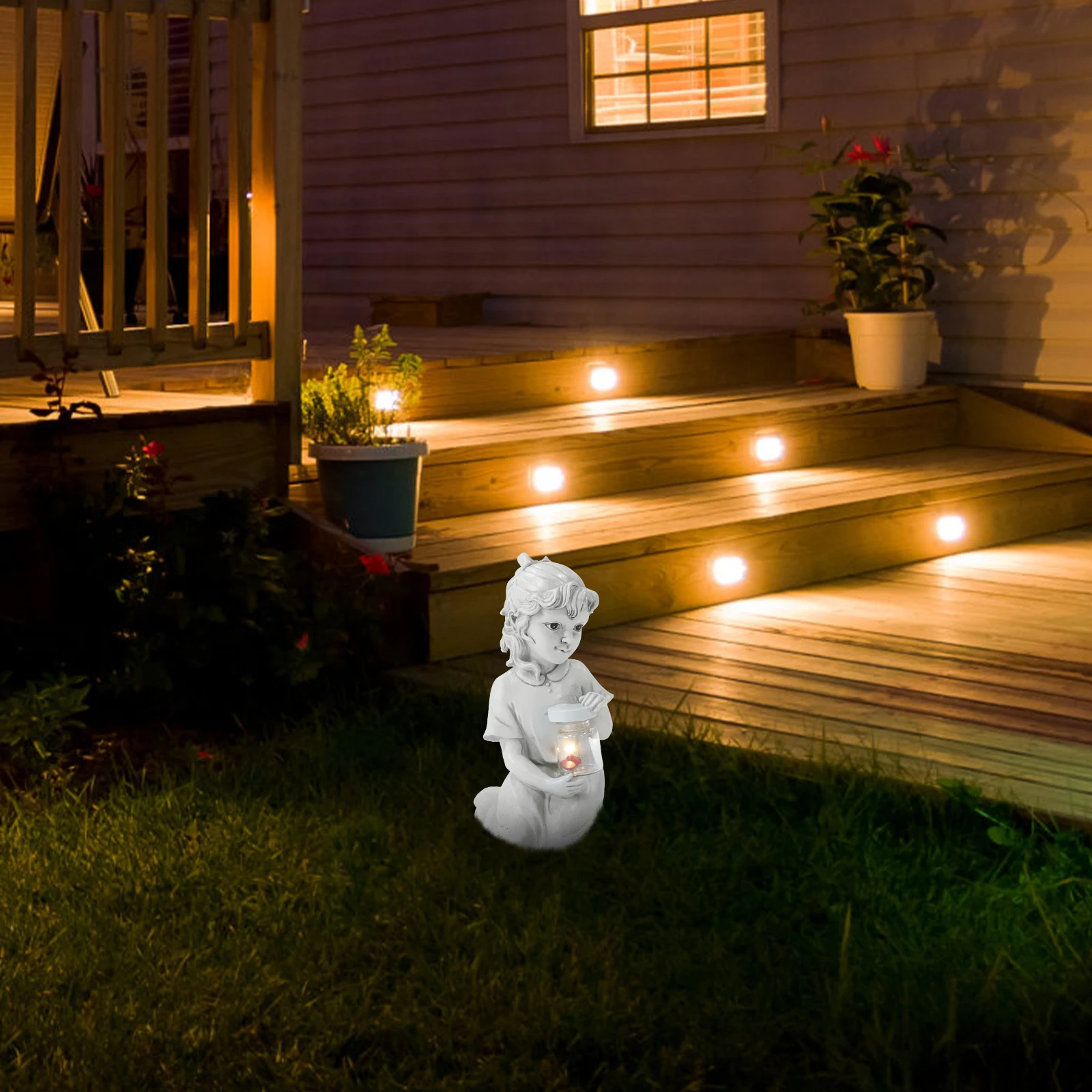 

Powered Statue Garden Outdoor Resin Ornament Light Weather Resistant Glass Jar Panel Auto Light Garden