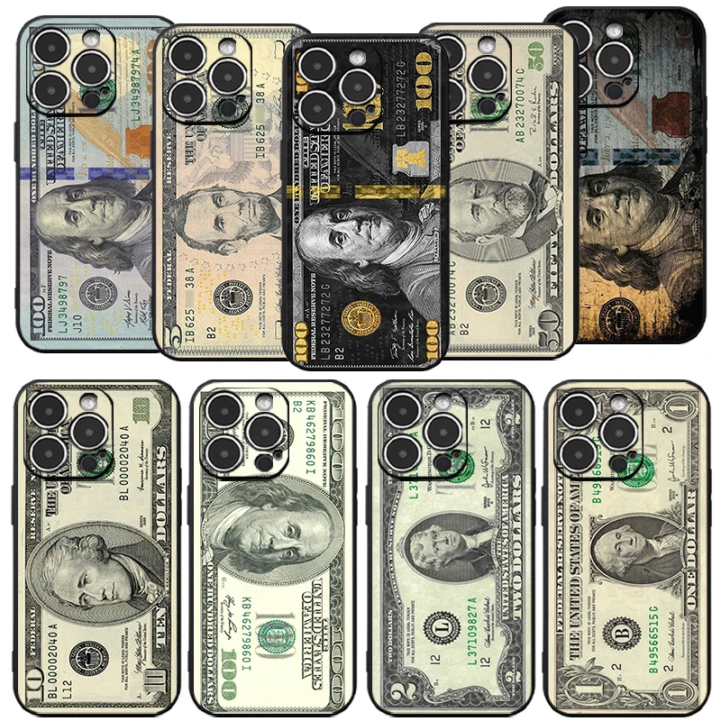 Creative USD Cash Pattern Phone Case for iPhone 17 16 15 14 13 12 11 Pro Max Mini SE 7 8 Plus Air Shockproof Soft Cover Fundas