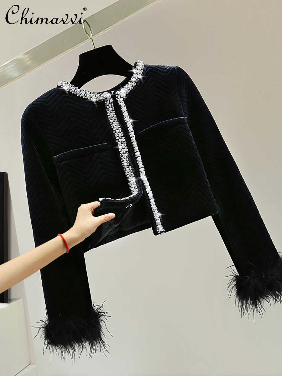 

French Elegant Commuter Diamond Beaded Round Neck Feather Splicing Long Sleeve Wavy Velvet Short Cardigan Jacket Women Winter