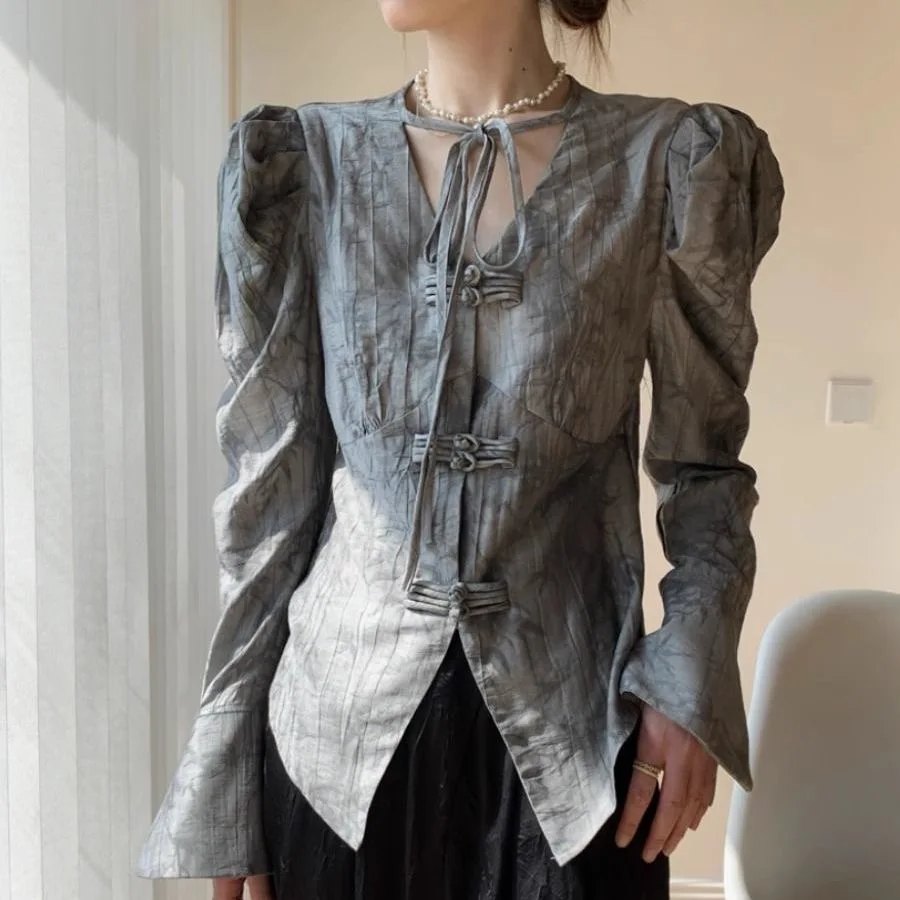 2024 Spring Fall Women V Neck Puff Full Flare Sleeve Yellow Grey Vintage Top Shirt , Woman Clothing Irregular Casual Tops Shirts