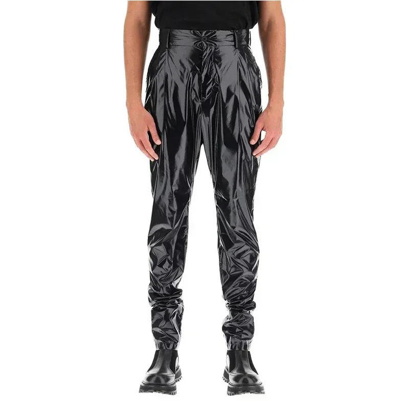 

Men's Punk Faux Latex Pants Shiny Patent Leather Pleated Harlan Pants Male High Waist Stretch PU Trousers New Streetwear Custom