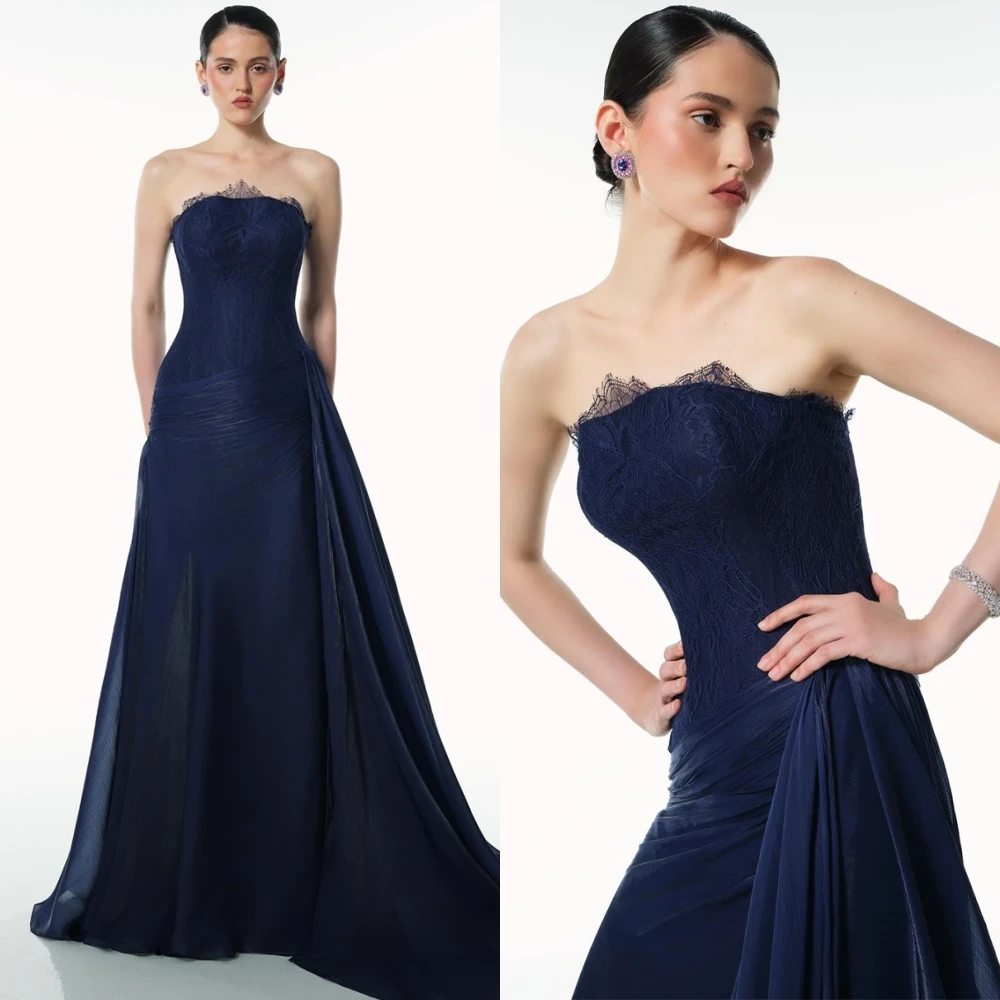 

Customized Simple Chiffon Strapless Evening Dress Classic Sleeveless Cocktail Dress Modern Court Train Special Occasion Gowns