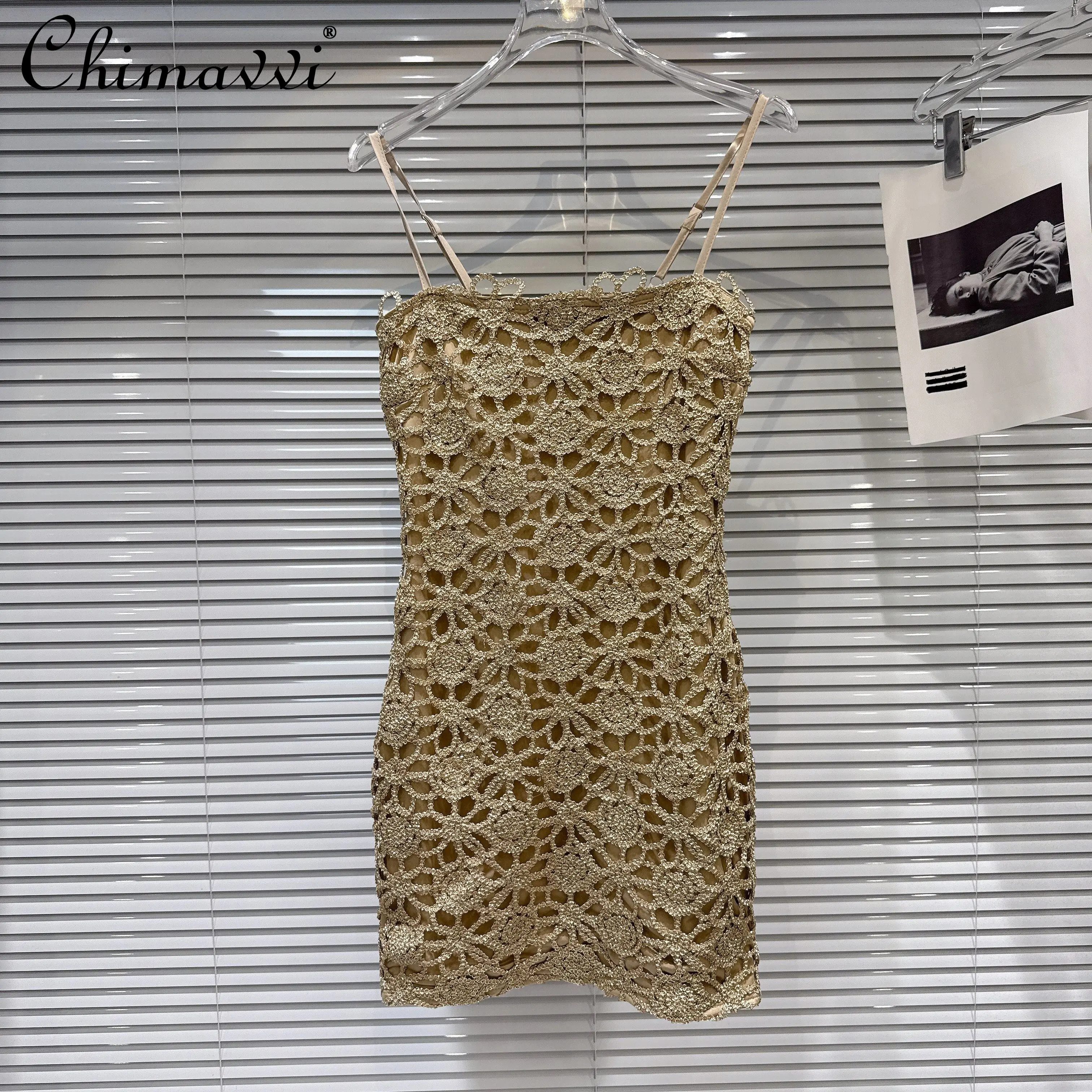 

2026 Spring French Elegant Socialite Sexy Bodycon Dresses gold Lace Crochet High Waist Slim Fit Sleeveless Party Dress for Women