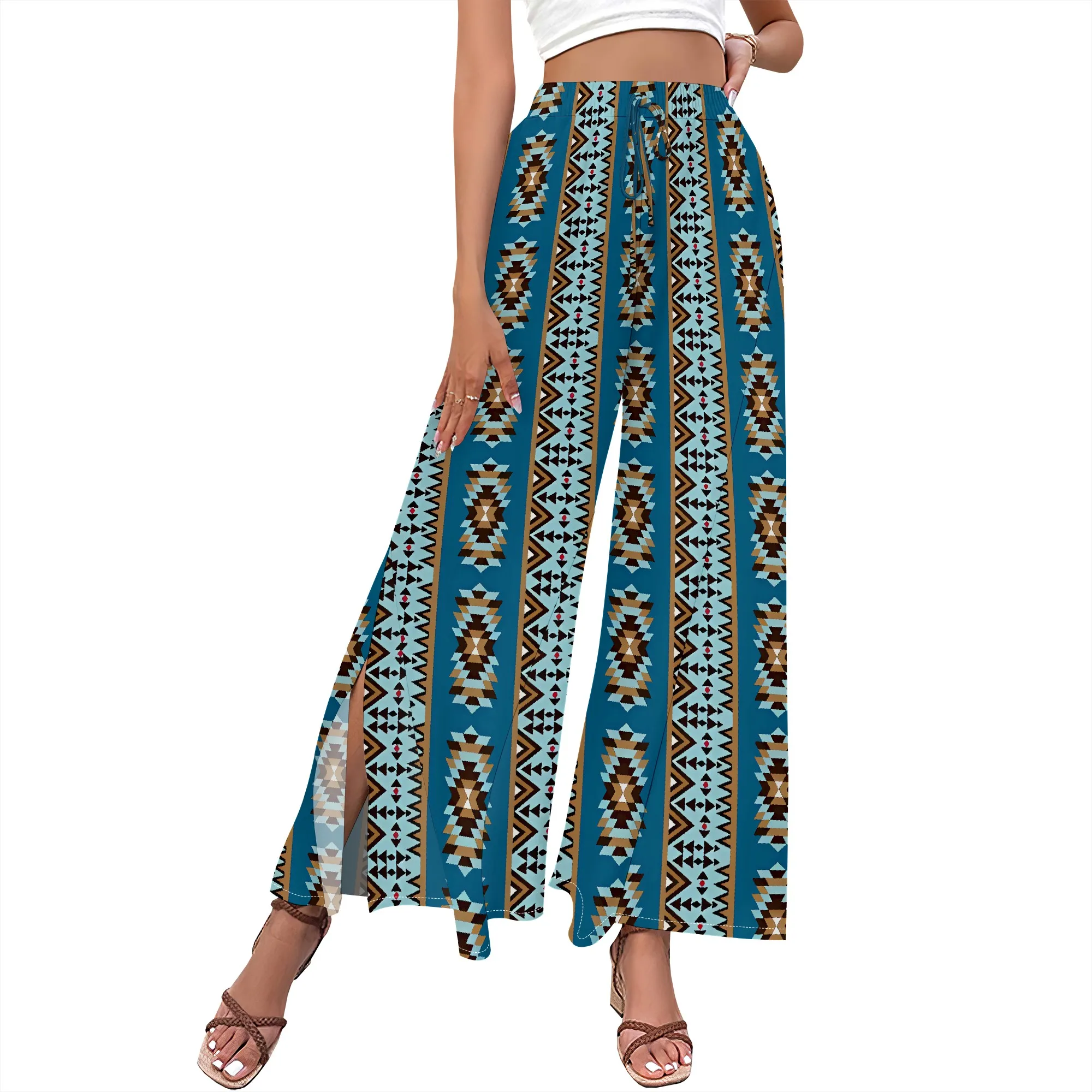 Dameskleding 2025, lente/zomer nieuw item op maat casual slim fit bloemen midden taille modieuze wijde pijpen broek strandbroek laag