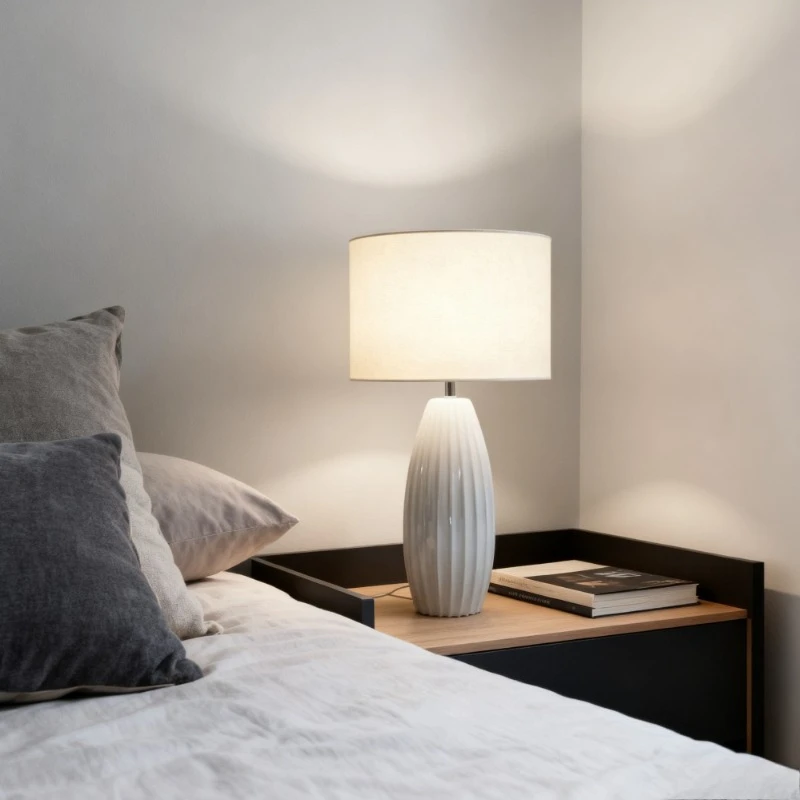 Modern Minimalist Ceramic Table Lamp with Linen Fabric Lampshade Design Led Lighting Study Bedroom Living Room Decoration Home