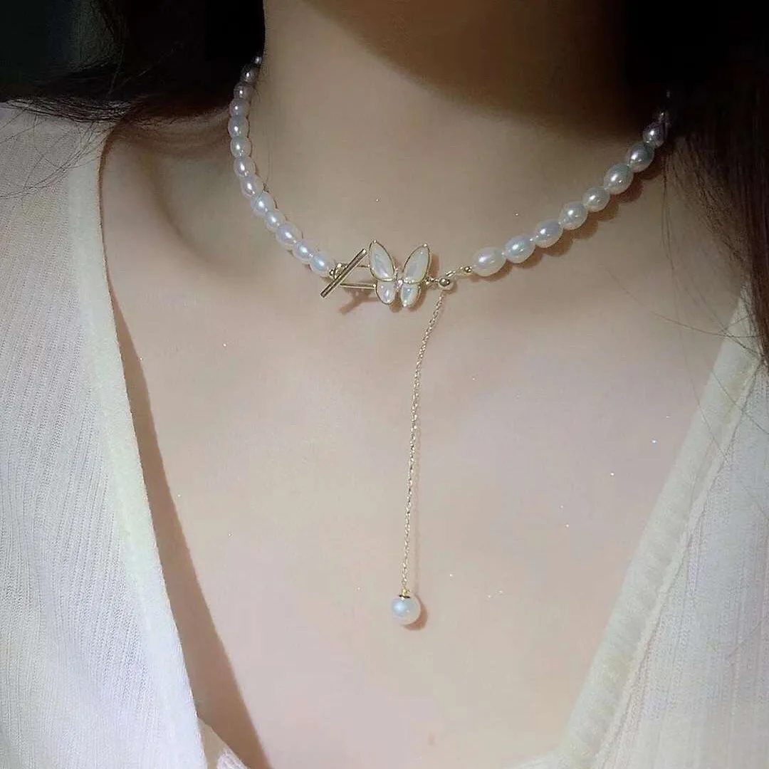 

Double Rhinestone Butterfly Necklace Fashion White Imitation Pearl Choker Necklace For Women Girls Wedding Party Jewelry