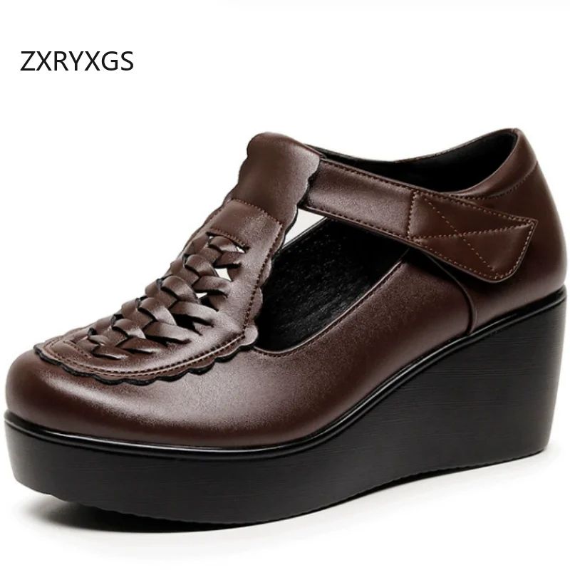 ZXRYXGS 2026 Spring Summer Patent Leather Black Shoes Woman Wedges High Heels Hollow Breathable Sandals Fashion Elegant Big Size