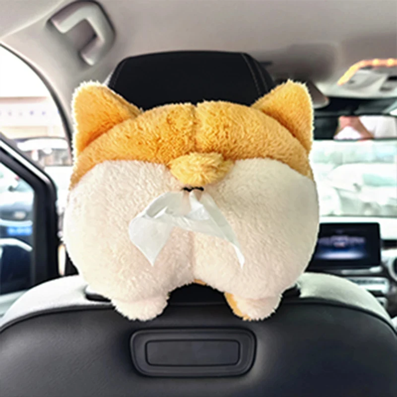 Cute Cartoon Corgi Butt Car Tissue Box, Hanging Creative Auto Paper Napkin Holder for Vehicle Interior