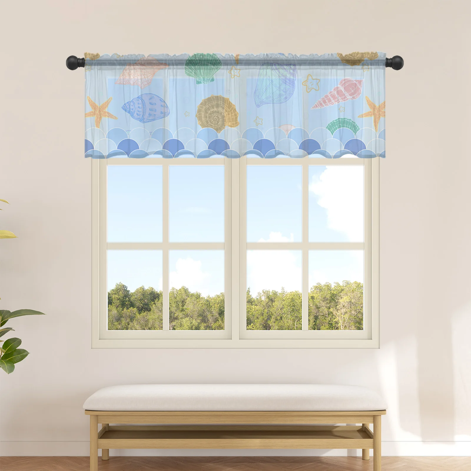 Ocean Shell Starfish Tulle Kitchen Small Window Curtain Valance Sheer Short Curtain Bedroom Living Room Home Decor Voile Drapes