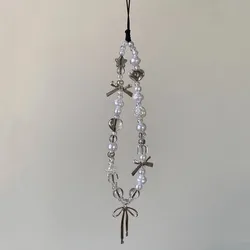 Korean Ribbon Bow Heart Mobile Phone Chain Lanyard Charm Beaded Strap Bowknot Pendant Bag Hanging Accessories Girl Jewelry Gift