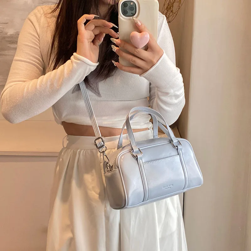 Design Small PU Leather Short Handle Shoulder Bag For Women 2024 Korean Fashion Handbags Females Simple Silver Crossbody Bags