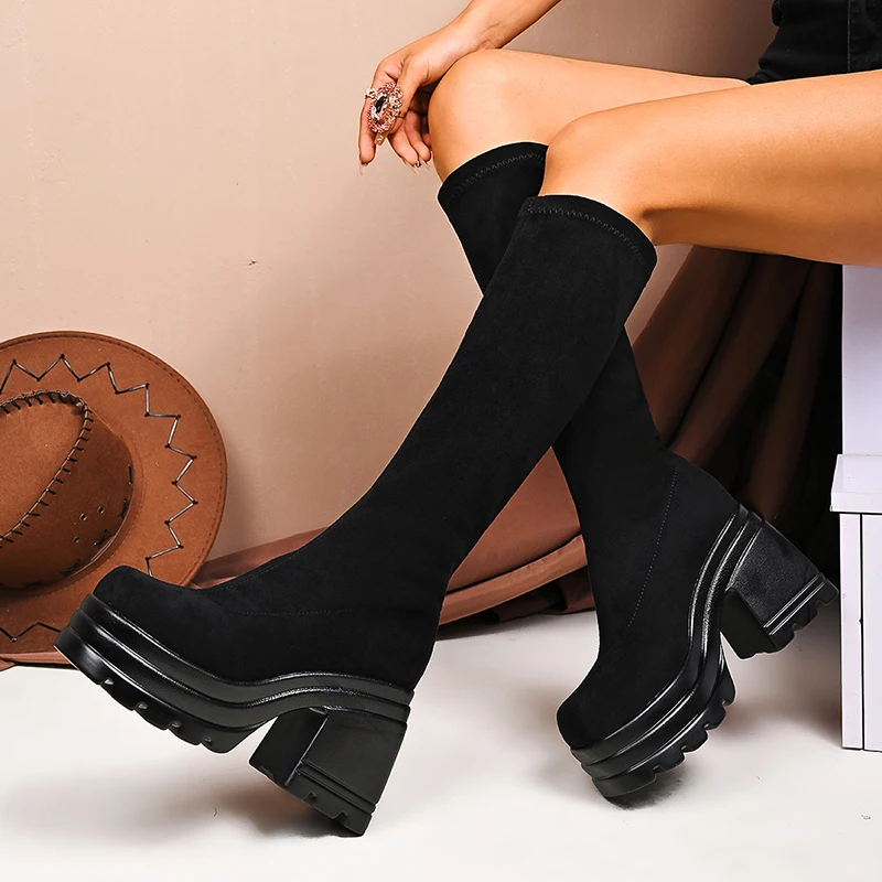 

Women's Black High Heels Knee High Boots Slim Fit Slip On Gothic Platform Shoes Woman Non Slip Chunky Heeled Long Botas de Mujer