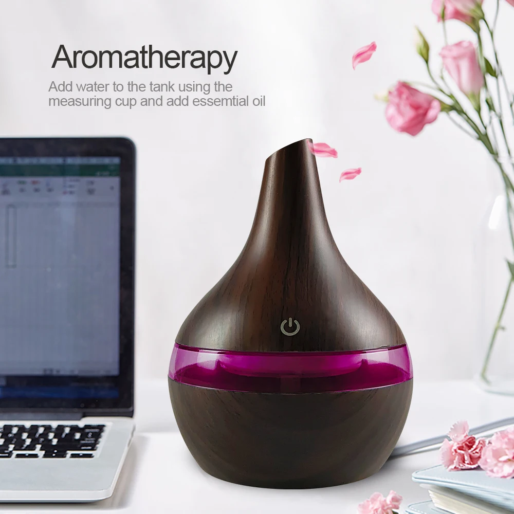 300ml Wood Grain Humidifier  Aromatherapy Diffuser with 2  Oils, Cool Mist & USB-Powered