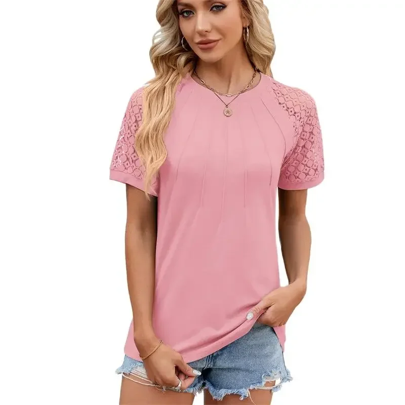 

Fashion Hollow Out Lace Short Sleeve T-Shirt Elegant Women Solid Color Loose Tops Female Summer Comfortable Office Commuter Tees