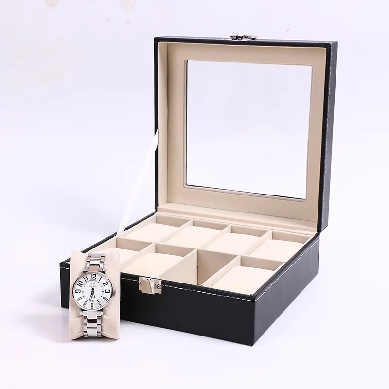 NONE DELESYS Klassischer Stil 2/3/4/5/6/8/10/12/20 Slots PU-Leder Uhrenvitrine Organizer Schmuck Aufbewahrungsbox mit Glasplatte 3