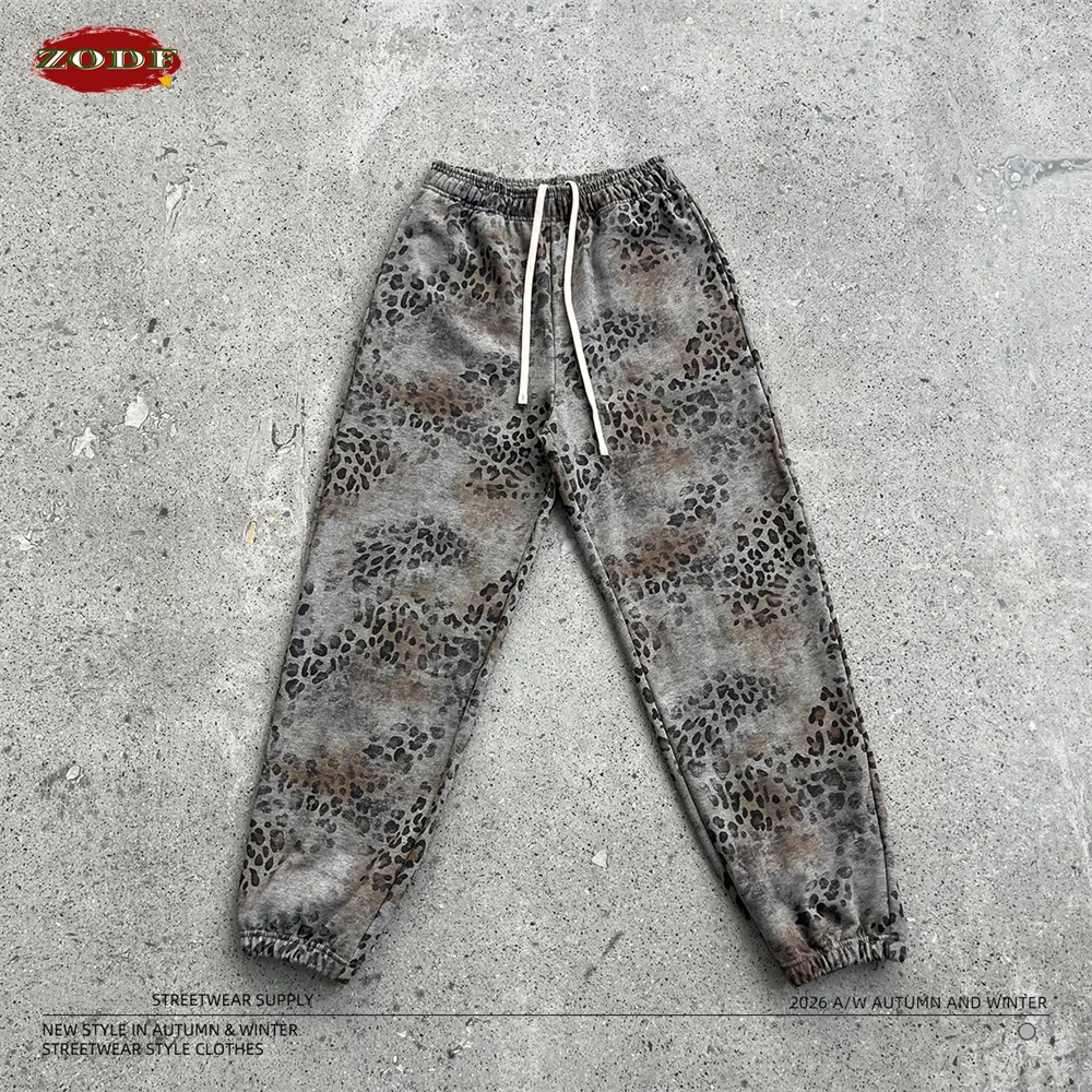 ZODF Retro Winter Men 400gsm Terry Cotton Sweatpants Unisex Loose Drawstring Leopard Printing Joggers Pants HY1275