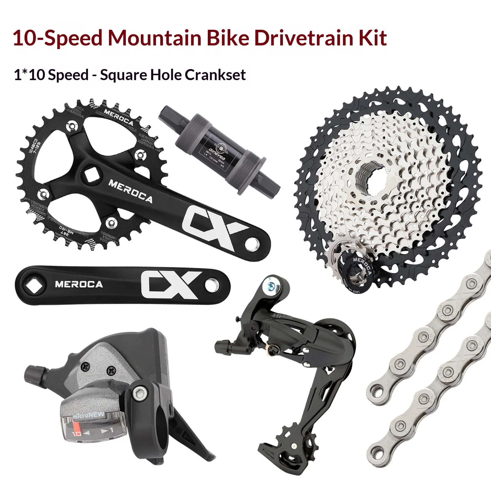 

MEROCA 10 Speed MTB Groupset Upgrade Kit, Square Taper Crankset, Chainring, Cassette, Shifter, Rear Derailleur, Chain
