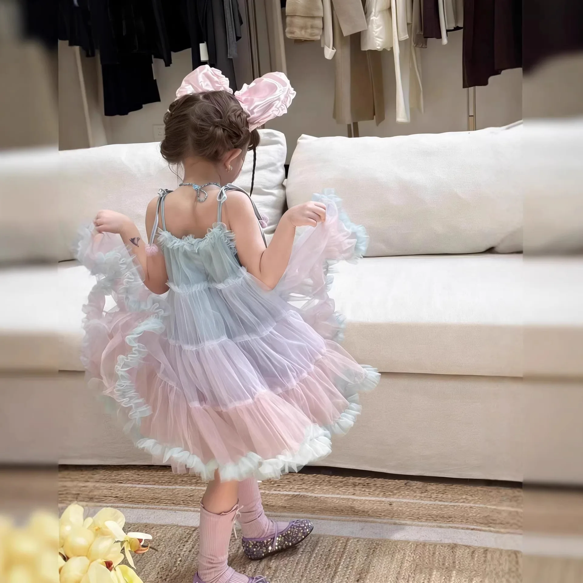 Summer girls mesh gradual change suspender skirt children's performance clothes baby girl
