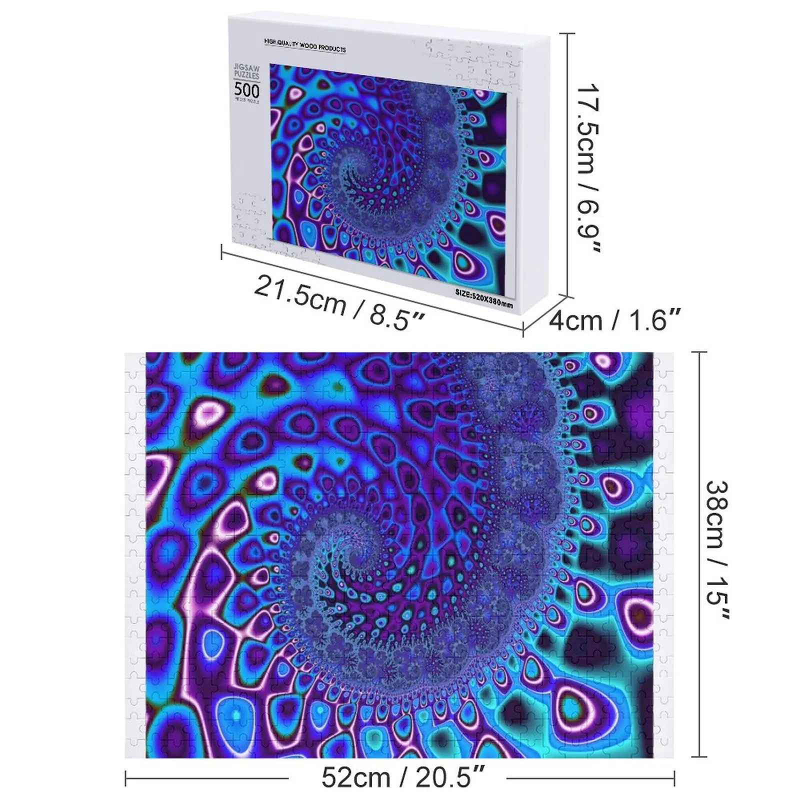 Drewniane puzzle dla dorosłych z motywem falą niebieską, fraktalne wzory, możliwość personalizacji, prezent dla dziecka.