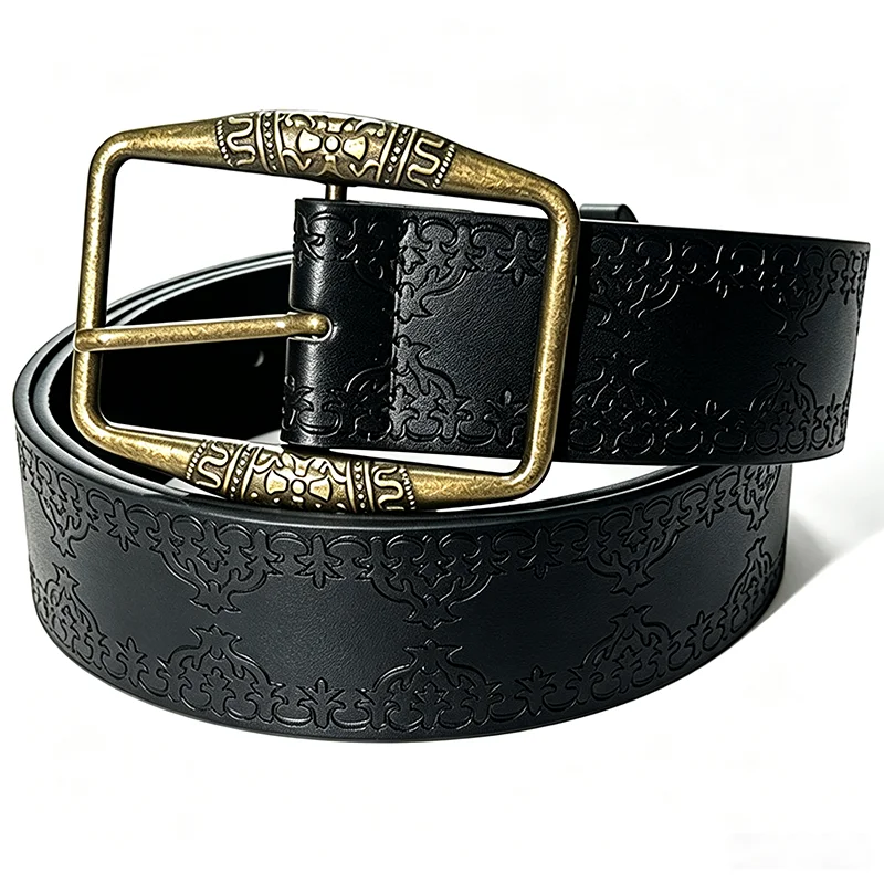 American Vintage Western Embossed Pattern Belt Unisex Antique Brass Carved Alloy Pin Buckle PU Leather For Jeans Street Outfits
