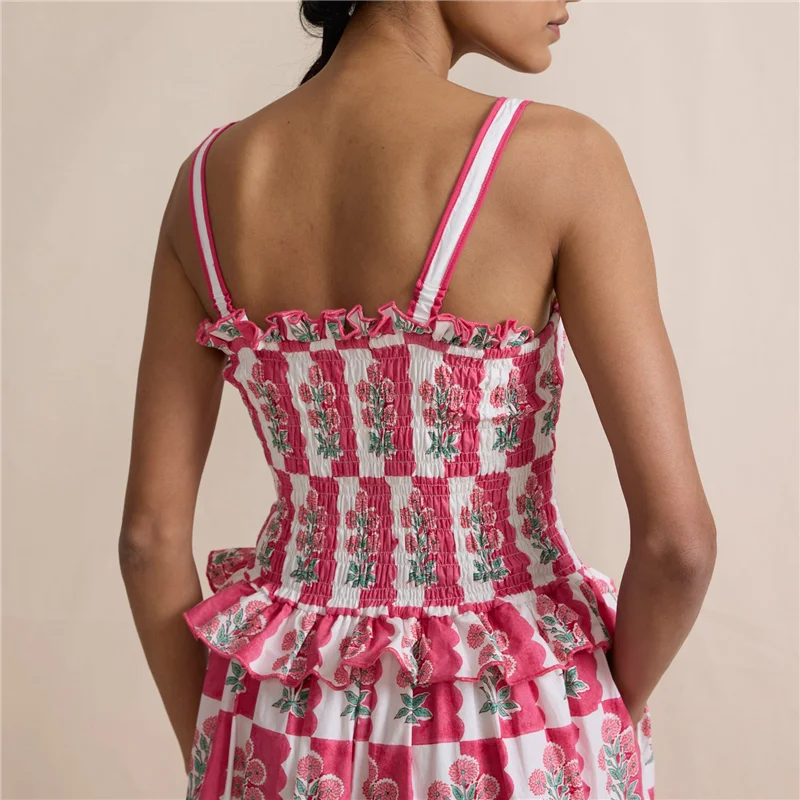 Abito estivo da donna Boho con cravatta sulla spalla Y2k Abito lungo fluido smock floreale con volant a strati Beach Vocation Sundress-A55G
