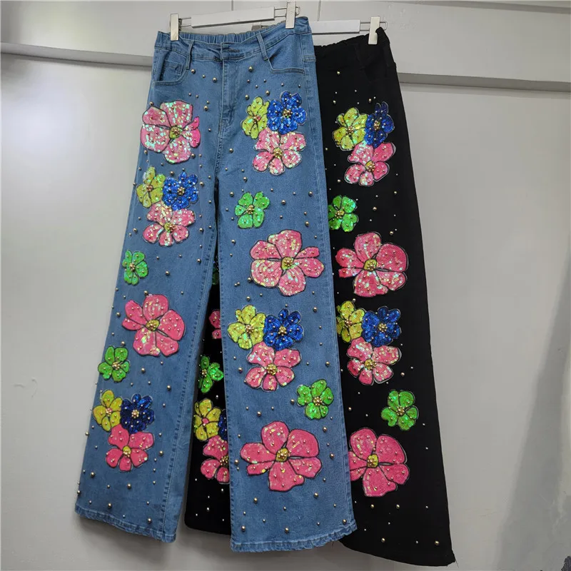 Schwere Perlen-Pailletten-Blumen-Denim-Hose für Damen, trendige 2025, Herbst-Neue, lockere, schlankmachende, vielseitige Jeans mit weitem Bein