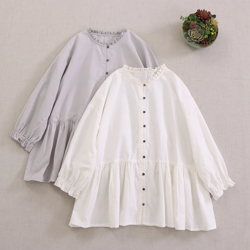 

Summer Japanese Sweet Mori Girl Solid Color Cotton Linen Shirts Women O-Neck 3/4 Sleeve Casual Loose Single Breasted Blouse Tops