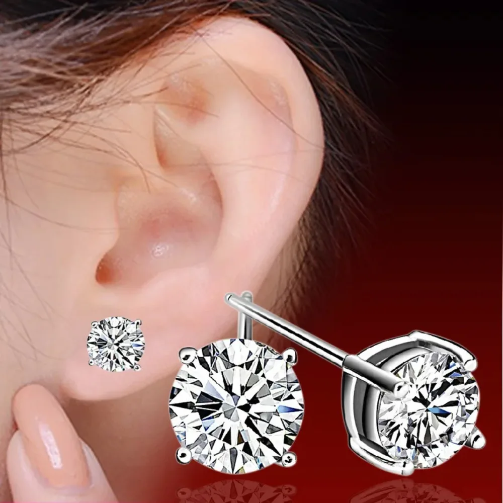 1-6Pairs Sterling Silver Female Luxury Crystal Round Stud Earrings Vintage Wedding Jewelry Zircon Stones Earring for Women White