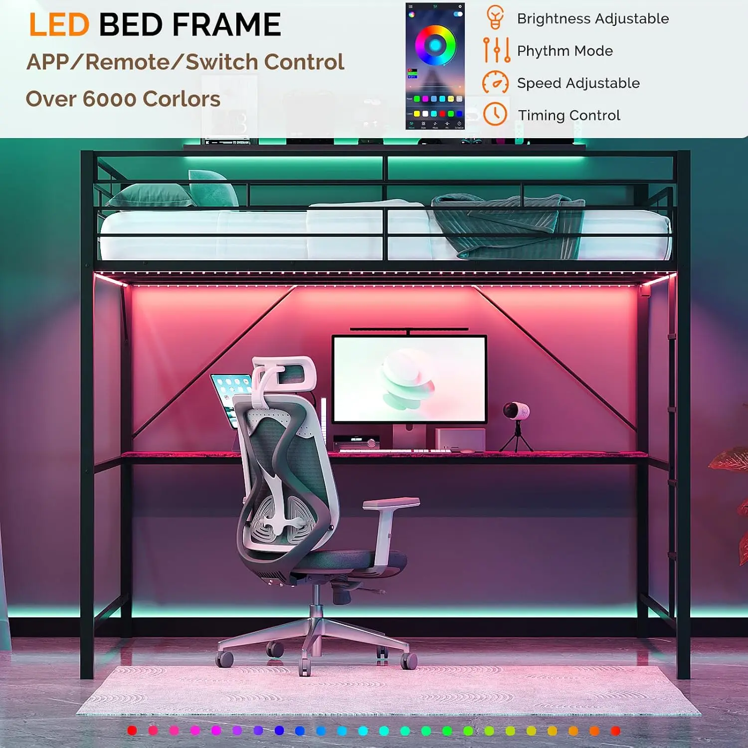 Queen Loft Bed with 15 Inch Guardrail,Led Lights and Desk Underneath, Industrial Metal High Sleeper with 2 Charging, Customized - view 5