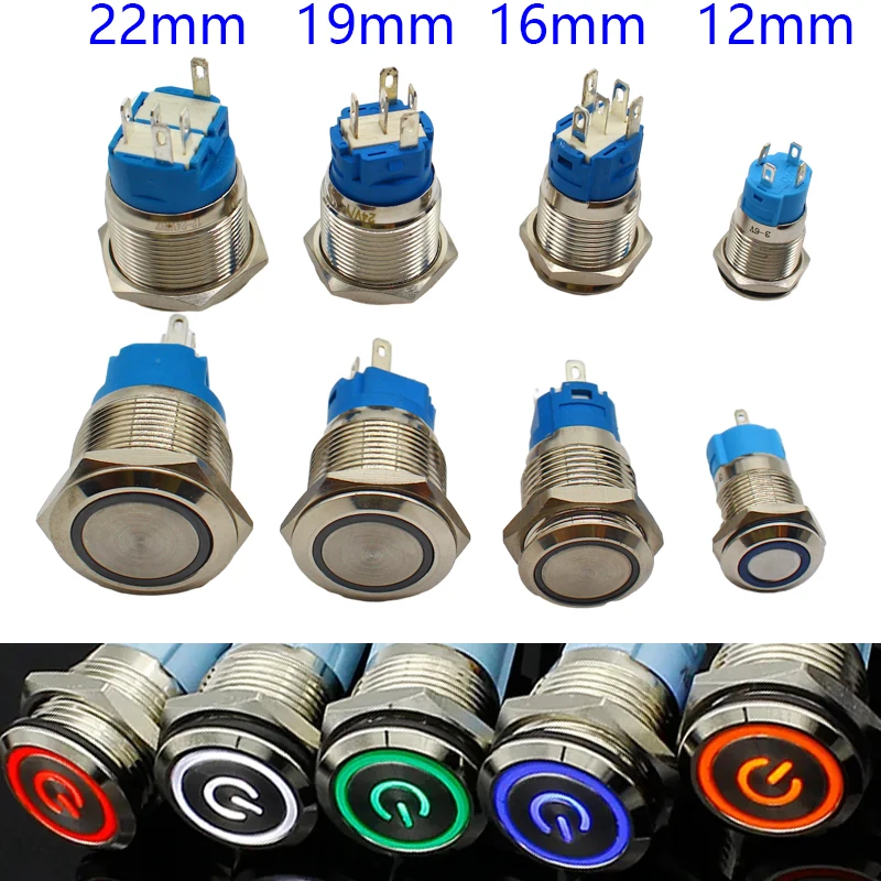 12/16/19/22mm Waterproof Metal Push Button Switch LED Light Momentary Latching Car Engine Power Switch 5V 12V 24V 220V Red Blue