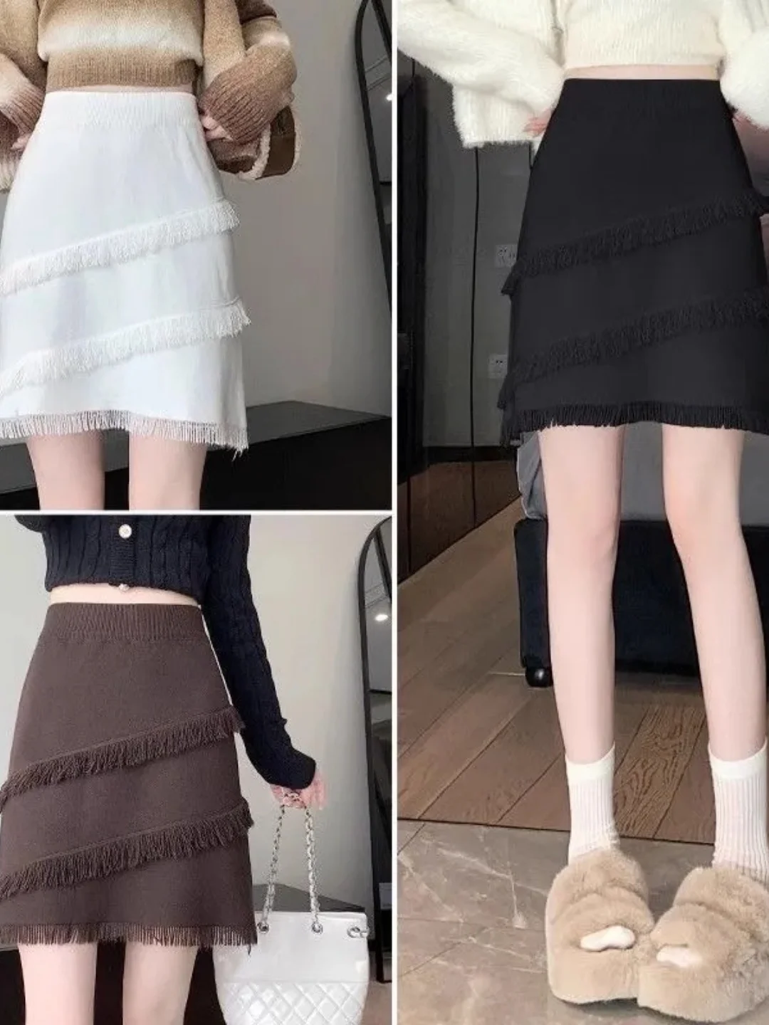 

Юбка А-силуэта с высокой талией для полных женщин, корейский стиль, с бахромой, скрывающая бедра, утягивающая, короткая юбка для женщин