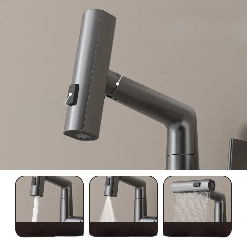 Bathroom Hot and Cold Pull-out Faucet with Lifting, Rotating, Rain Proof, Splash Proof, Three in One Basin Faucet