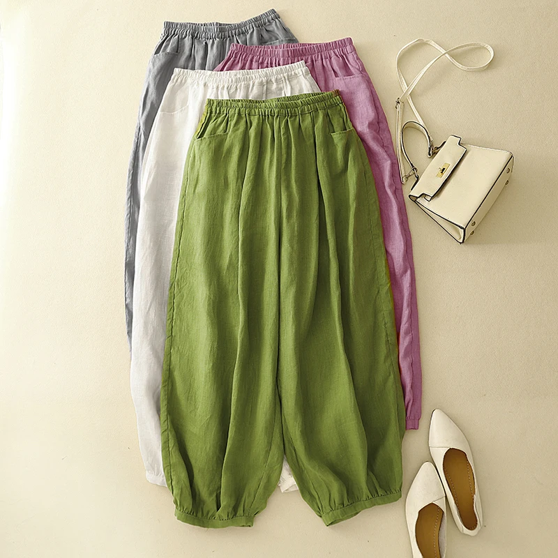 

Утягивающие светлые брюки с эластичной резинкой на талии, свободные повседневные летние брюки-фонарики, Новое поступление, розовые утягивающие брюки с девятью очками