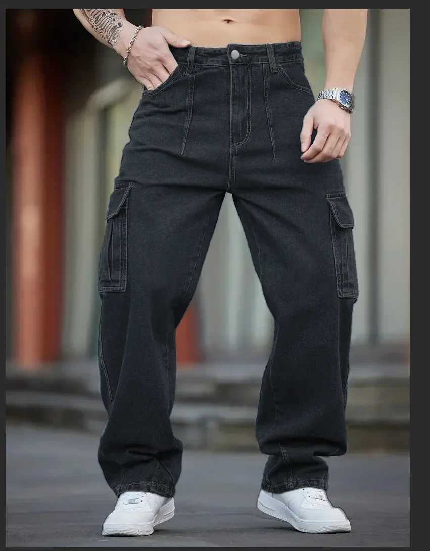 Men's Deep Blue Washed Denim Workwear Jeans Casual Multiple Pockets Design Loose Wide Leg Trousers Y2K Style Cargo Pants
