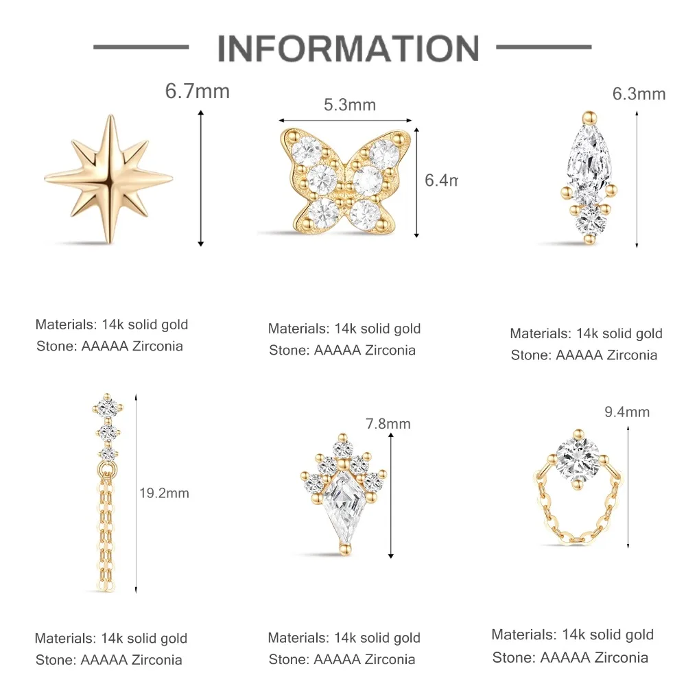 DIeSchein 14k Solid Gold Piercing Earring Women Cartilage CZ Flat Back Earrings for Piercing Cartilage Hoop Earrings Jewelry - view 5