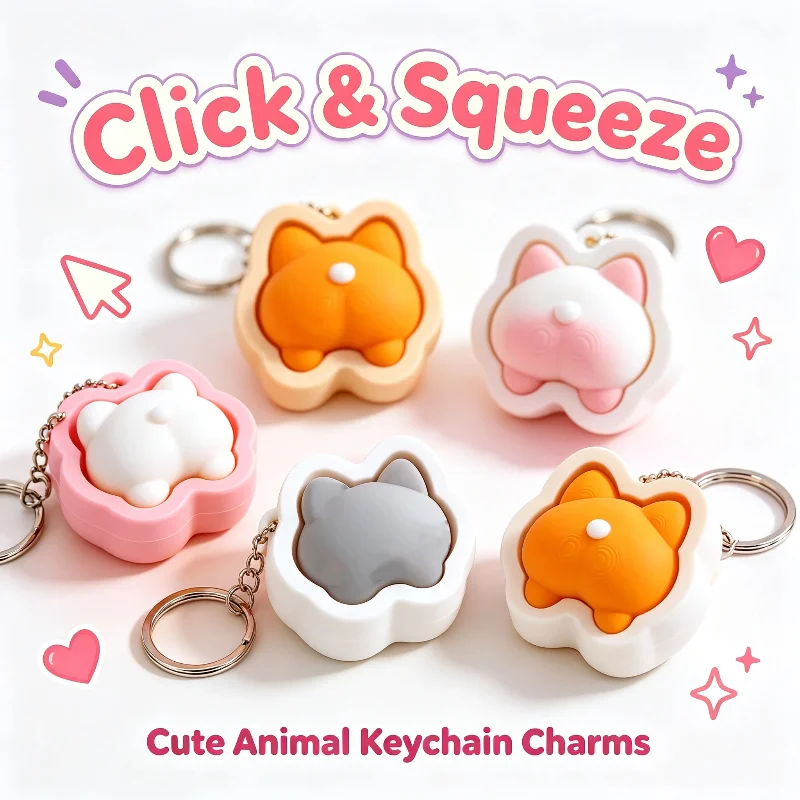 Finger Button Clicker Fidget Keychain Cartoon Animals Funny Cute Anti‑stress Squeeze Toy For Holiday Gifts Hot‑selling New
