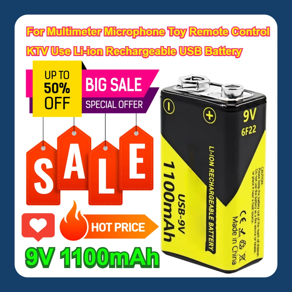 10pcs 9V 1100mAh For Multimeter Microphone Toy Remote Control KTV Use  Li-ion Rechargeable USB Battery