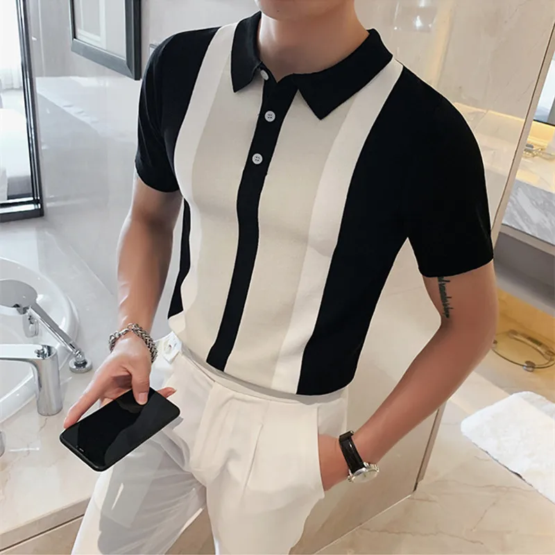 2023 Vintage POLO Shirt Men Stripe Patchwork Knitting Casual Lapel Pullover Summer Fashion Men Short Sleeve Slim POLO Shirt 3XL