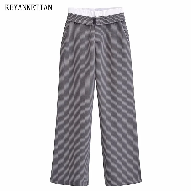 KEYANKETIAN 2024 New Launch Women's Patchwork Embellished High-Waisted Striped Pants Fashion Pockets Loose Straight-Leg Trousers