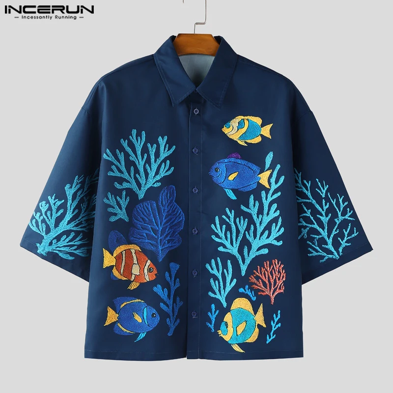 INCERUN hommes chemise impression revers demi manches ample été hommes vêtements 2025 Streetwear vacances mode décontracté mâle hauts chemises