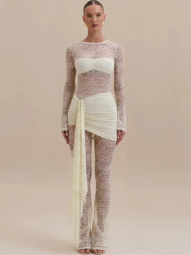 

XIAOTANG Lace See Through Sexy Jumpsuits Women Rompers Elegant Mesh Sheer Skinny Draped Ruched Club Party Jumpsuit Female