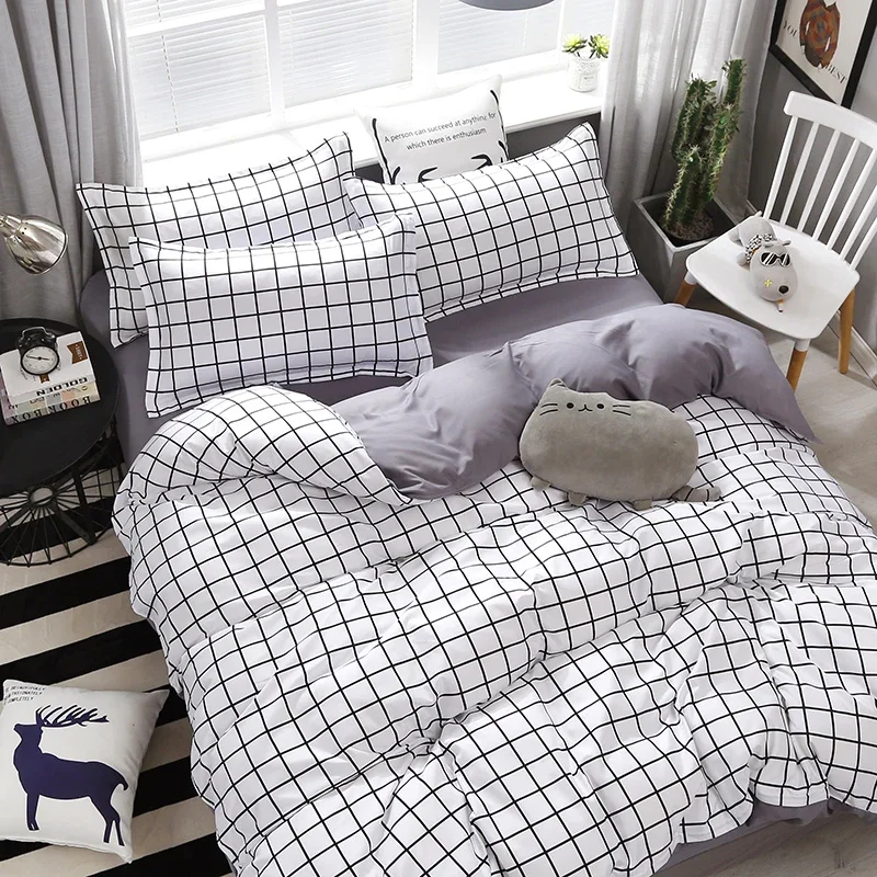 White Plaid Bedding Set Geometric Grid Duvet Cover Set for Home Bedroom,【4Pcs -1 Comforter Cover + 1 Flat Sheet + 2 Pillowcases】