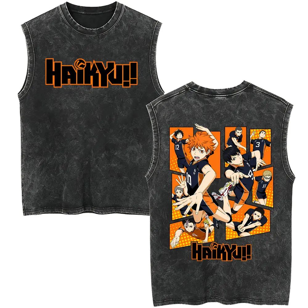 Anime Haikyuu Hinata Shoyo Vintage Washed Tank Tops Men's Clothing Casual Oversized Sleeveless Vest Unisex Manga Cotton T-shirt