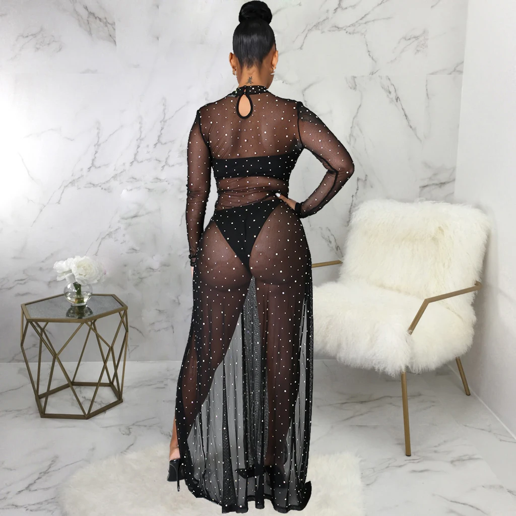 Sexy Jurken Voor Vrouwen Nachtclub Hoge Elastische Mesh Kralen Decoratie Hoge Split Maxi Party Pure Jurk Vestidos De Mujer