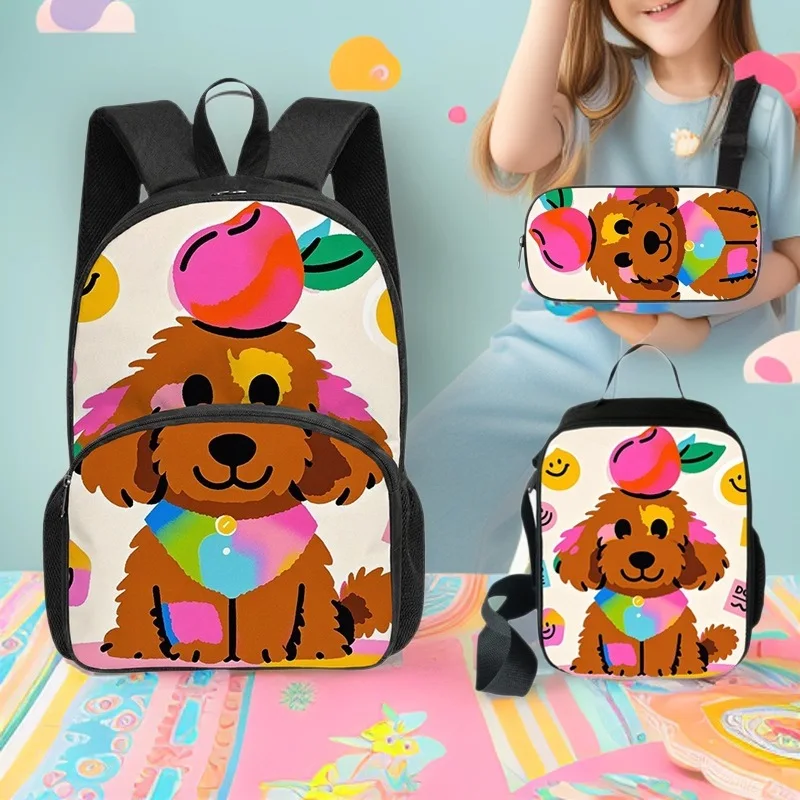Cartoon Dog Print 3Pcs Set with Front Pocket Backpack School Bag  with Lunch Bag Pencil Case Lightweight Large Capacity