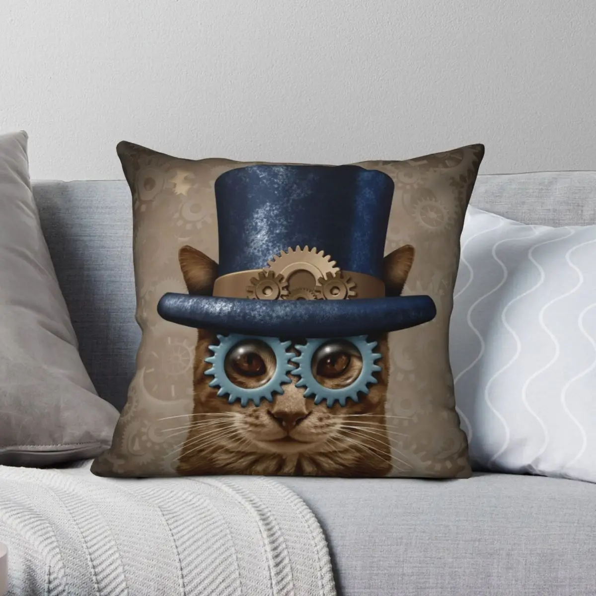 Steam Punk Vintage Cat Pillowcase Polyester Linen Velvet Creative Zip Decor Throw Pillow Case Sofa Seater Cushion Cover 45x45