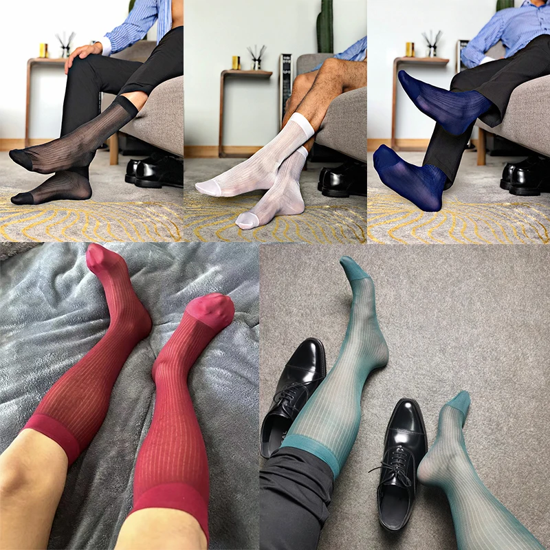 Men Sexy Transparent Silk Tall Socks Men Formal Dress Sheer Sex Game Socks Men Nylon BDSM Slave Fetish Sissy Gay Tube Silk