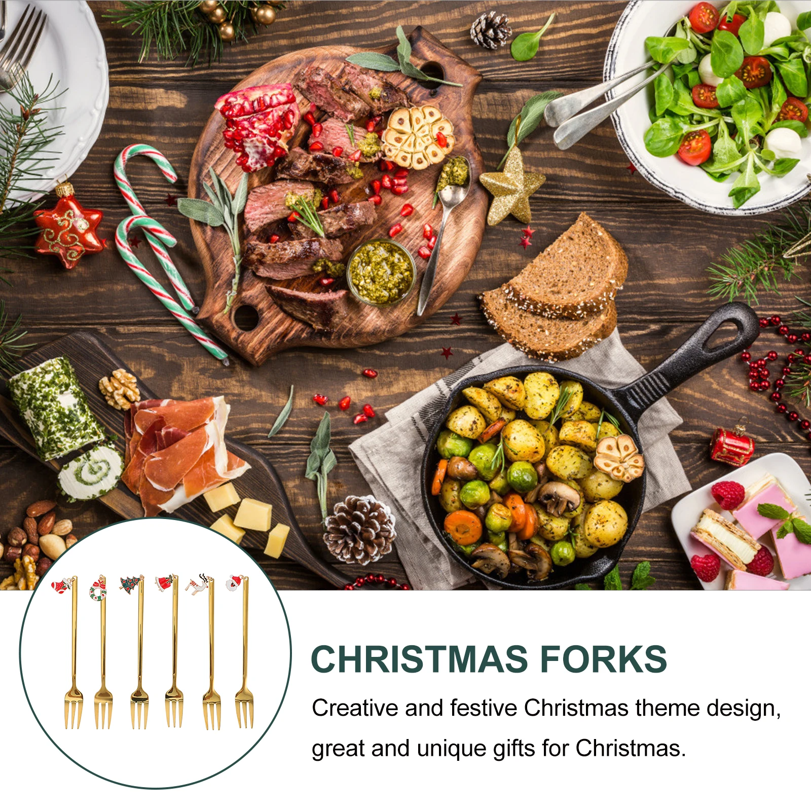 

6pcs Christmas Stainless Steel Stirring Forks Coffee Dessert Cake Tableware Set Festive Design Gift Box Packaging