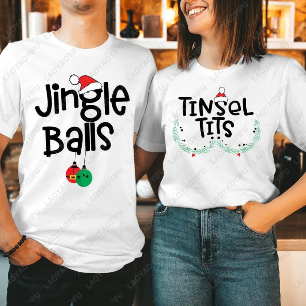 Divertente coppia di Natale T-shirt Jingle Balls Cappello di Natale Streetwear Magliette grafiche Natale Uomo Donna Abbigliamento Girocollo Top Regalo