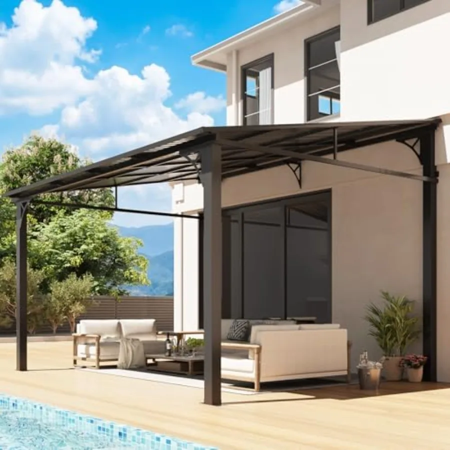 

10' x 12' Lean to Gazebo, Hardtop Outdoor Pergola with Sloping Galvanized Steel Roof, Large Wall-Mounted Heavy Duty Awnings for